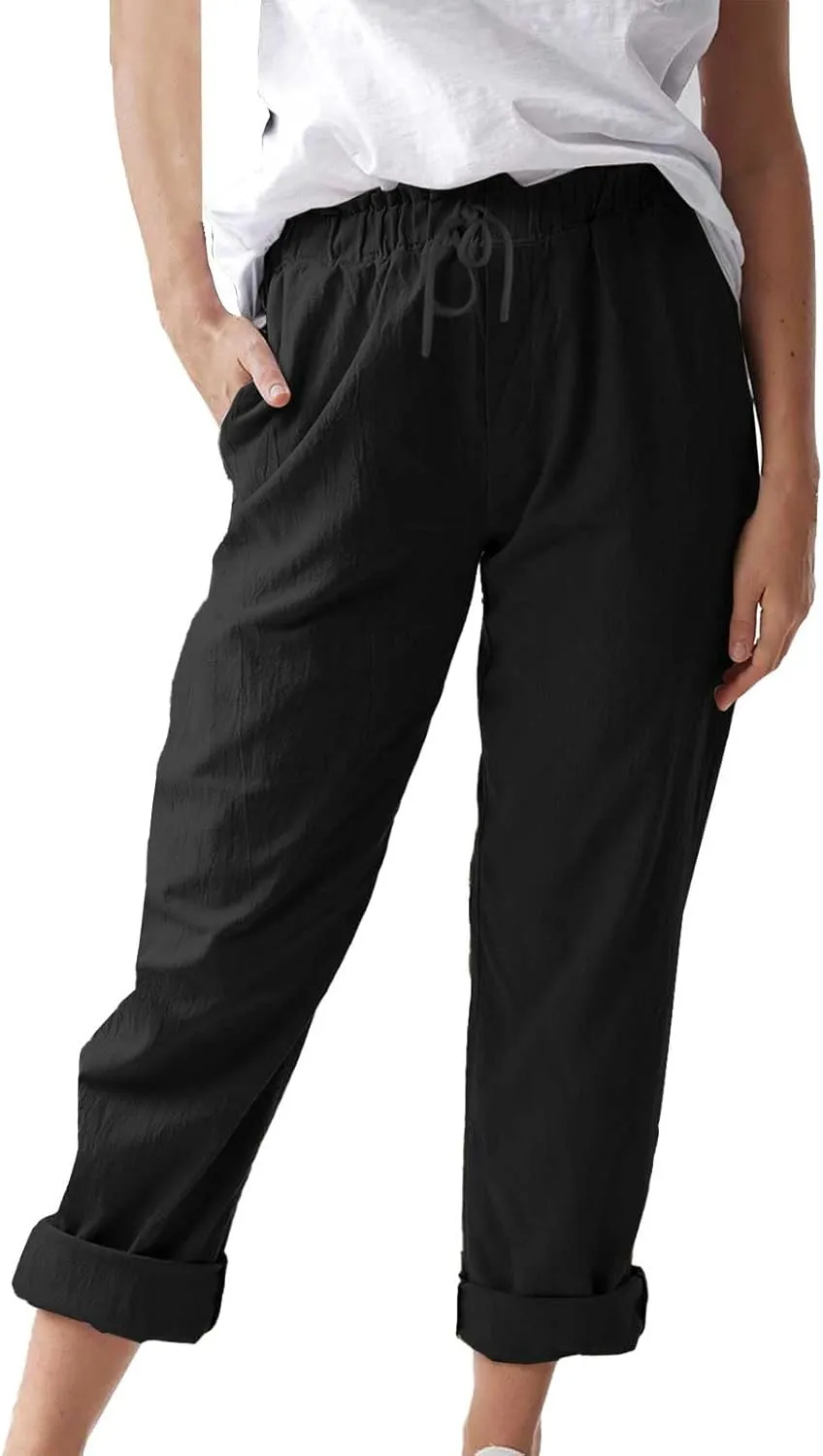 Womens Cotton Linen Pants Drawstring Elastic Waist Loose 2025 Summer Pants Lightweight Casual Comfy Long Trousers