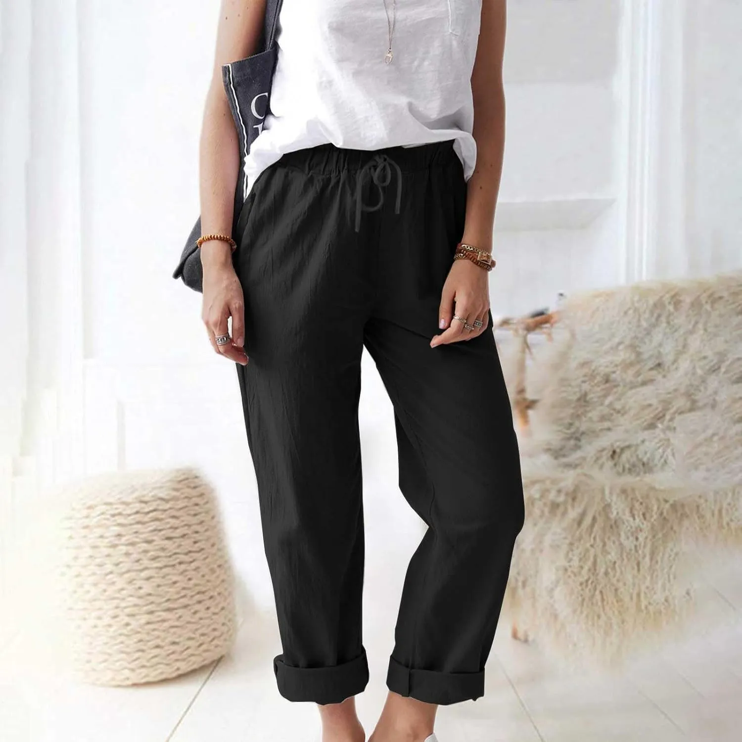 Womens Cotton Linen Pants Drawstring Elastic Waist Loose 2025 Summer Pants Lightweight Casual Comfy Long Trousers