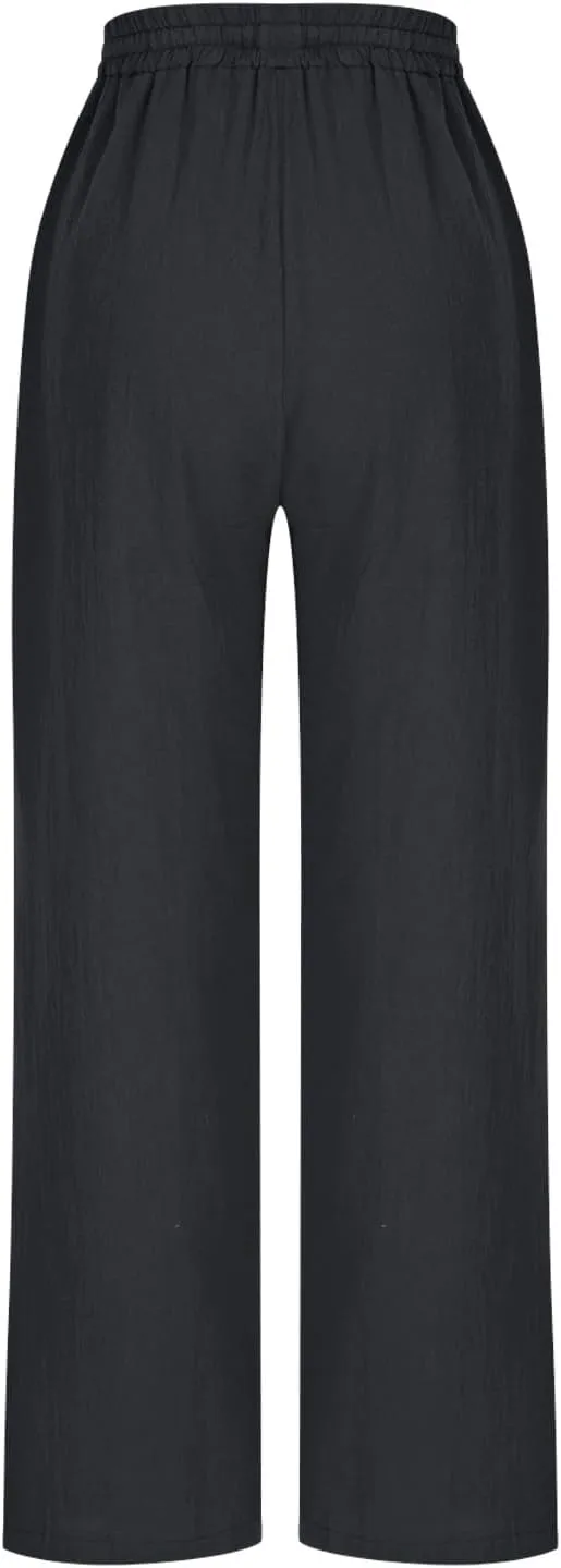 Women's Cotton Linen Straight Leg Pants Elastic Waist Drawstring Casual Trousers Pockets Summer Beach Lounge Pant
