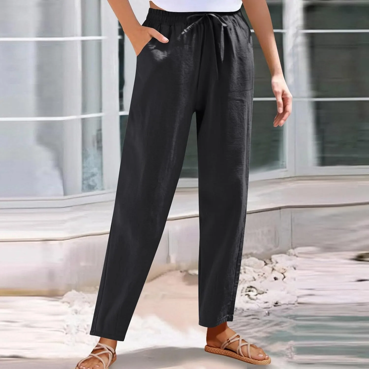 Women's Cotton Linen Straight Leg Pants Elastic Waist Drawstring Casual Trousers Pockets Summer Beach Lounge Pant