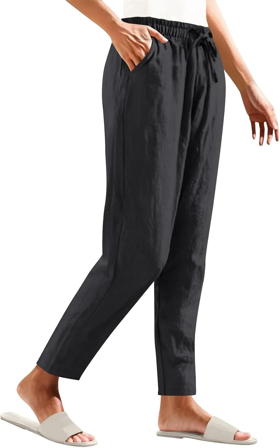 Women's Cotton Linen Straight Leg Pants Elastic Waist Drawstring Casual Trousers Pockets Summer Beach Lounge Pant