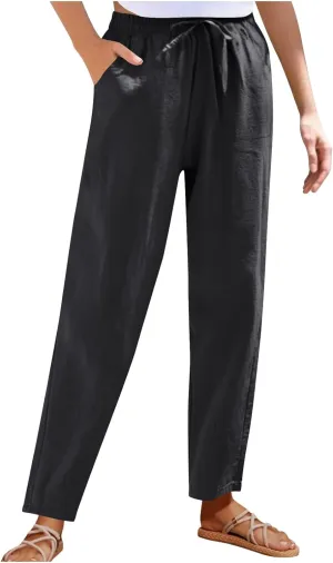 Women's Cotton Linen Straight Leg Pants Elastic Waist Drawstring Casual Trousers Pockets Summer Beach Lounge Pant
