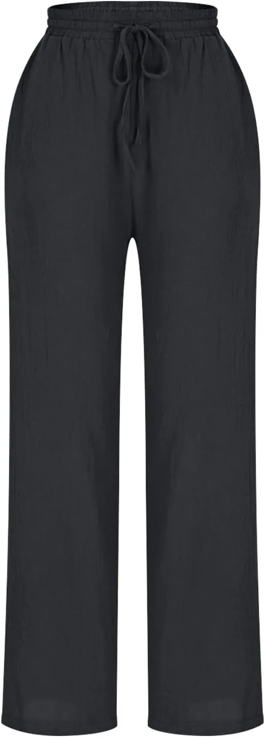 Women's Cotton Linen Straight Leg Pants Elastic Waist Drawstring Casual Trousers Pockets Summer Beach Lounge Pant