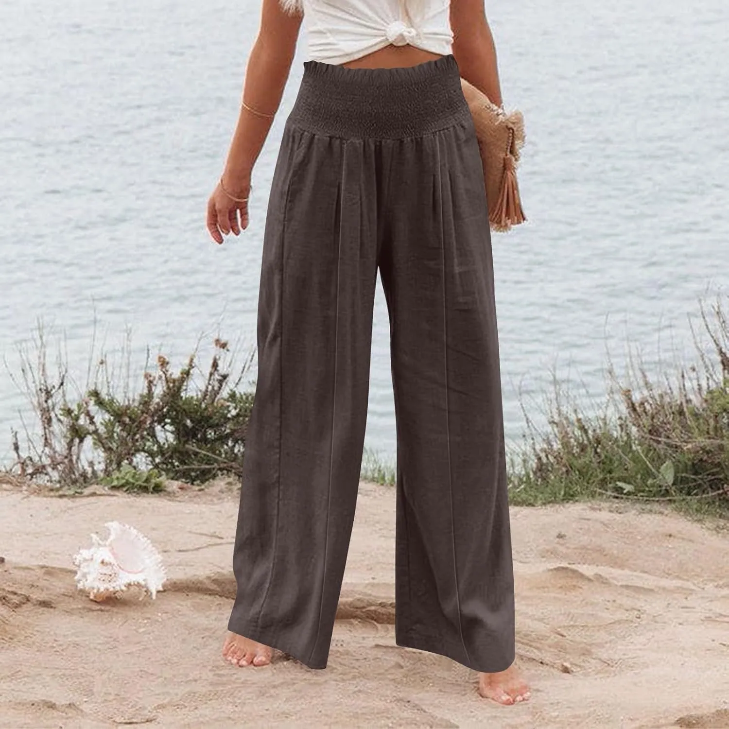Women's Cotton Linen Summer Casual Loose Pants Elastic Waist Straight Loose Fit Trouser Office