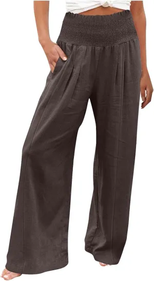 Women's Cotton Linen Summer Casual Loose Pants Elastic Waist Straight Loose Fit Trouser Office