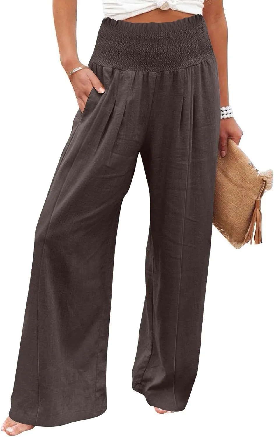 Women's Cotton Linen Summer Casual Loose Pants Elastic Waist Straight Loose Fit Trouser Office