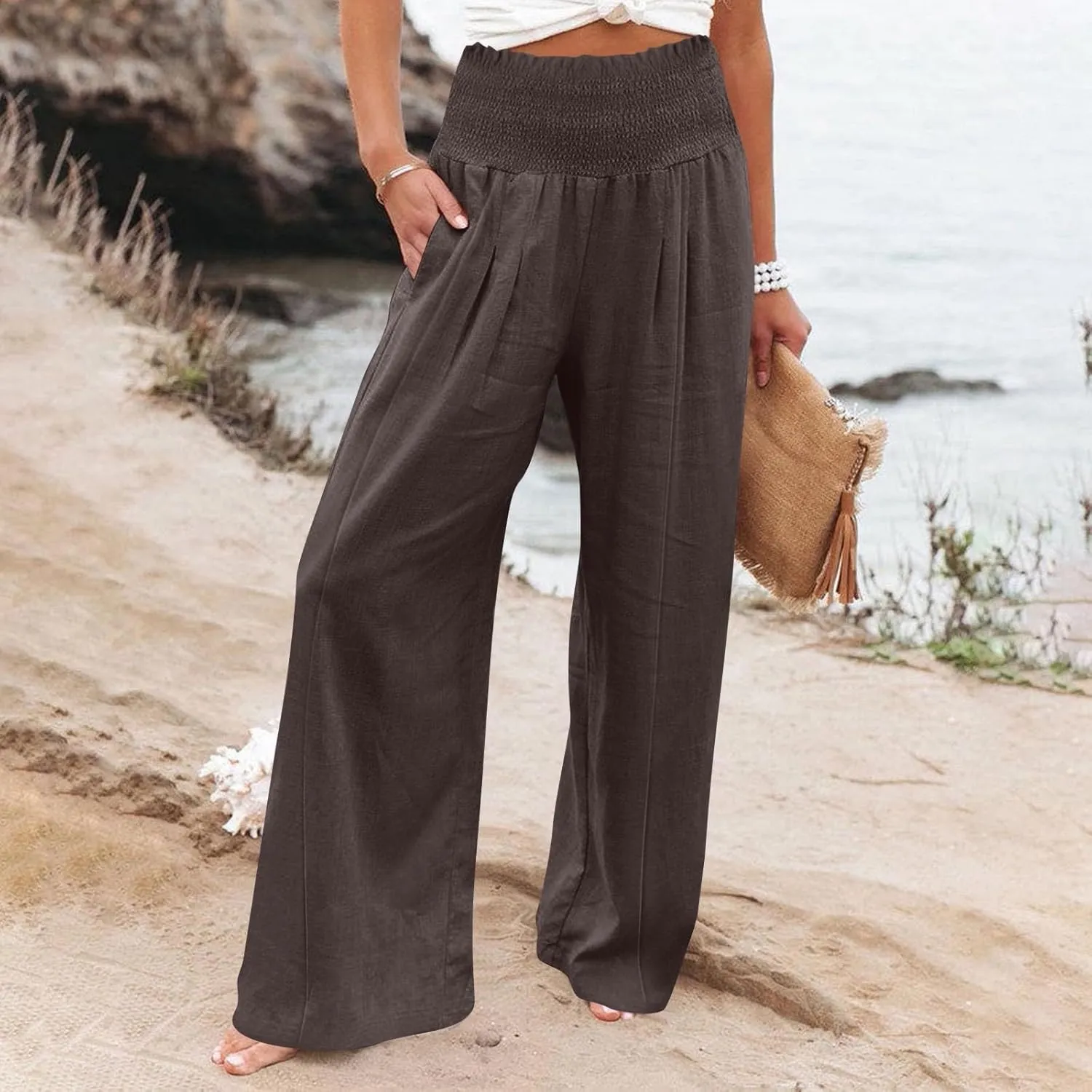 Women's Cotton Linen Summer Casual Loose Pants Elastic Waist Straight Loose Fit Trouser Office