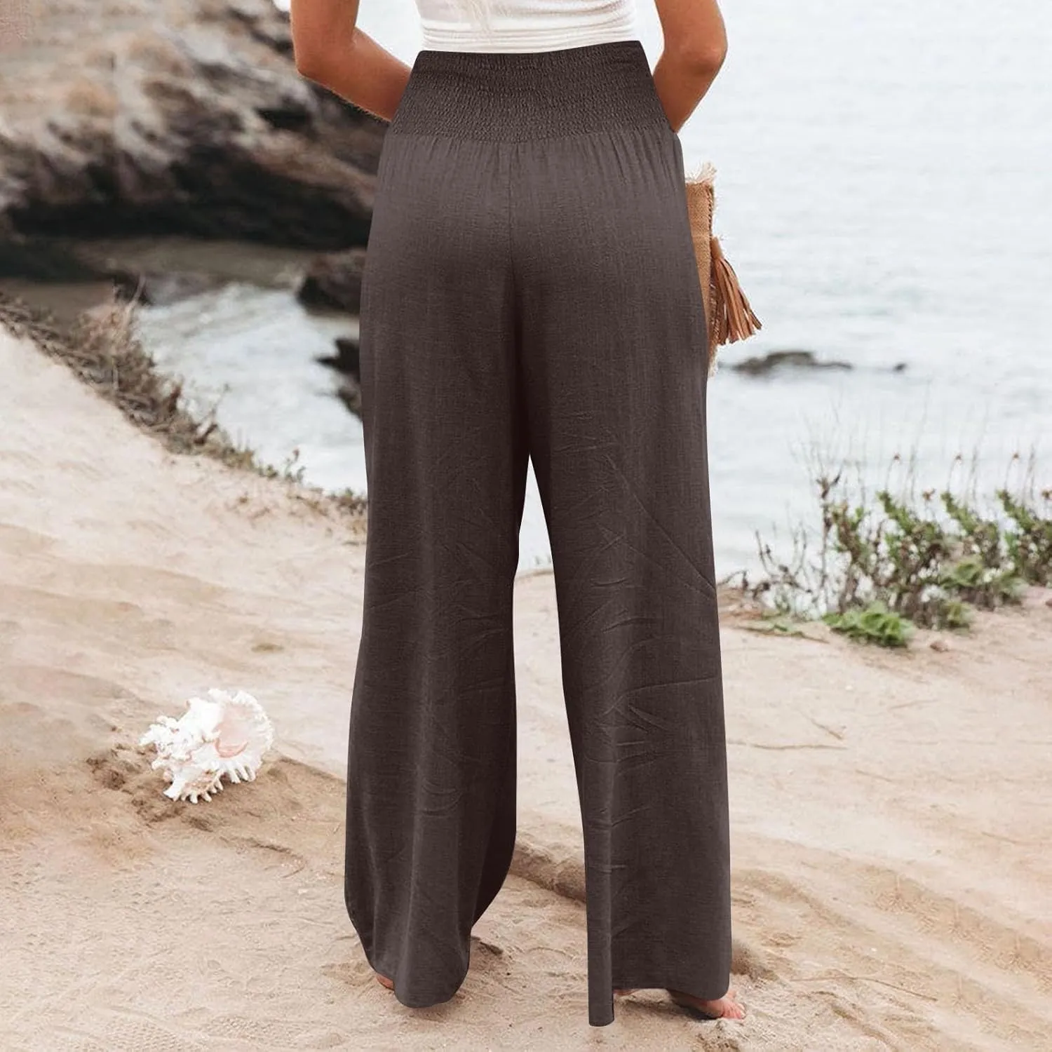 Women's Cotton Linen Summer Casual Loose Pants Elastic Waist Straight Loose Fit Trouser Office
