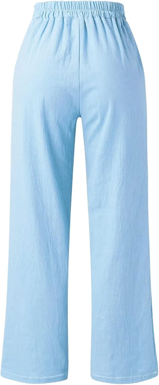 Women's Cotton Linen Summer Casual Pant Trousers Elastic Waist Baggy Stretchy Plus Size Pant Trousers Office
