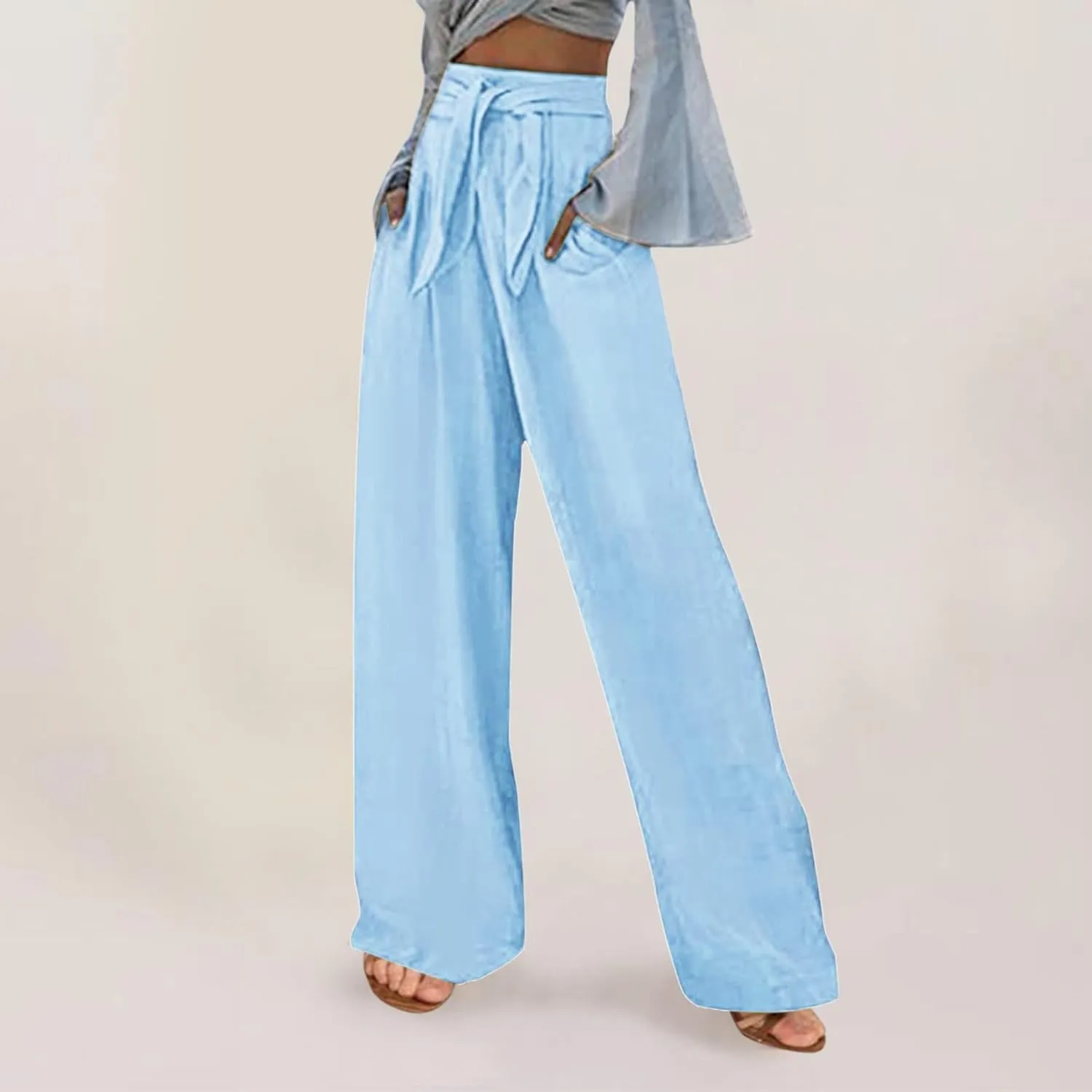 Women's Cotton Linen Summer Casual Pant Trousers Elastic Waist Baggy Stretchy Plus Size Pant Trousers Office