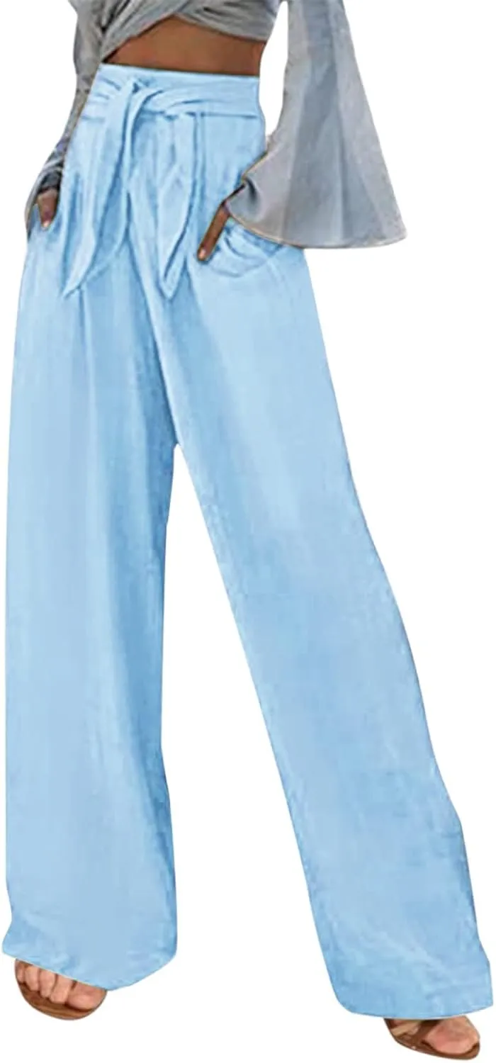 Women's Cotton Linen Summer Casual Pant Trousers Elastic Waist Baggy Stretchy Plus Size Pant Trousers Office