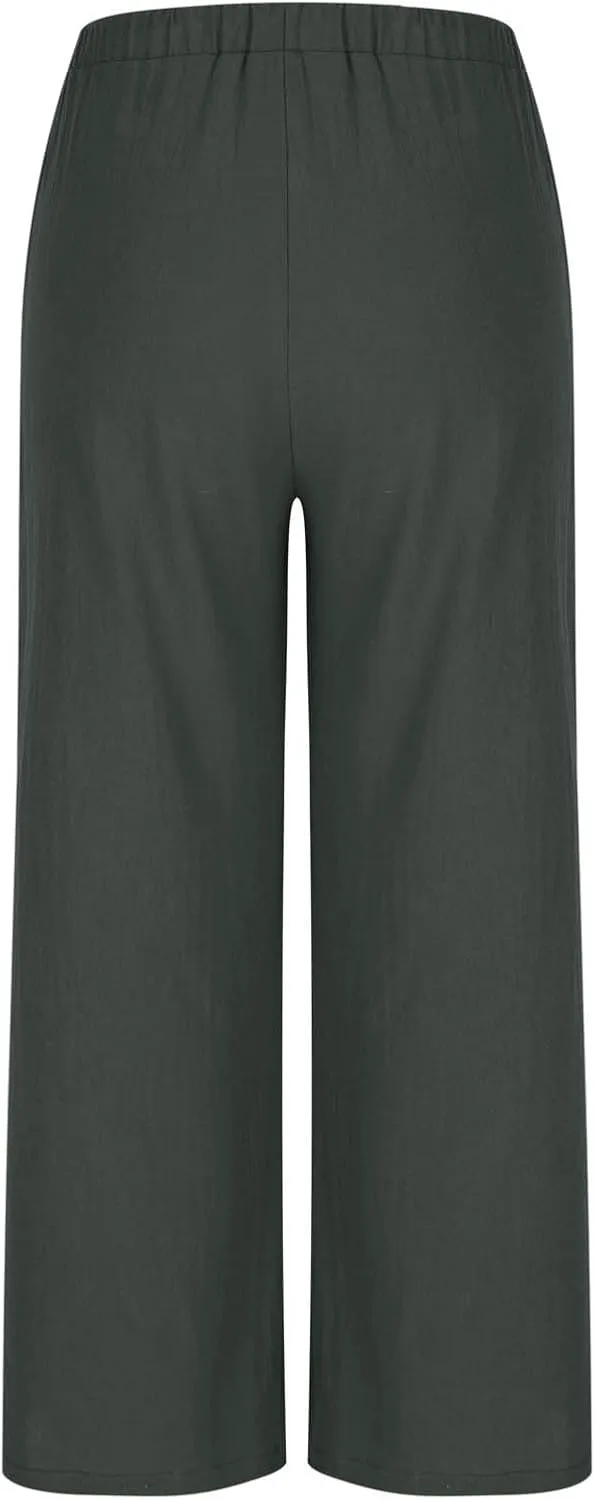 Women's Cotton Linen Summer Palazzo Pants Drawstring Elastic Waist Causal Flowy Wide Leg Beach Trousers with Pockets
