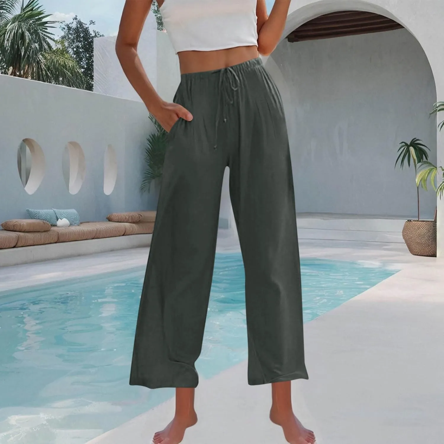 Women's Cotton Linen Summer Palazzo Pants Drawstring Elastic Waist Causal Flowy Wide Leg Beach Trousers with Pockets