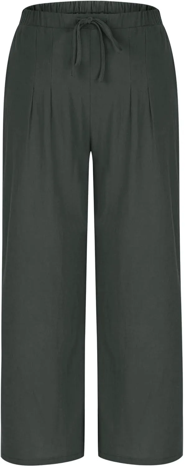 Women's Cotton Linen Summer Palazzo Pants Drawstring Elastic Waist Causal Flowy Wide Leg Beach Trousers with Pockets