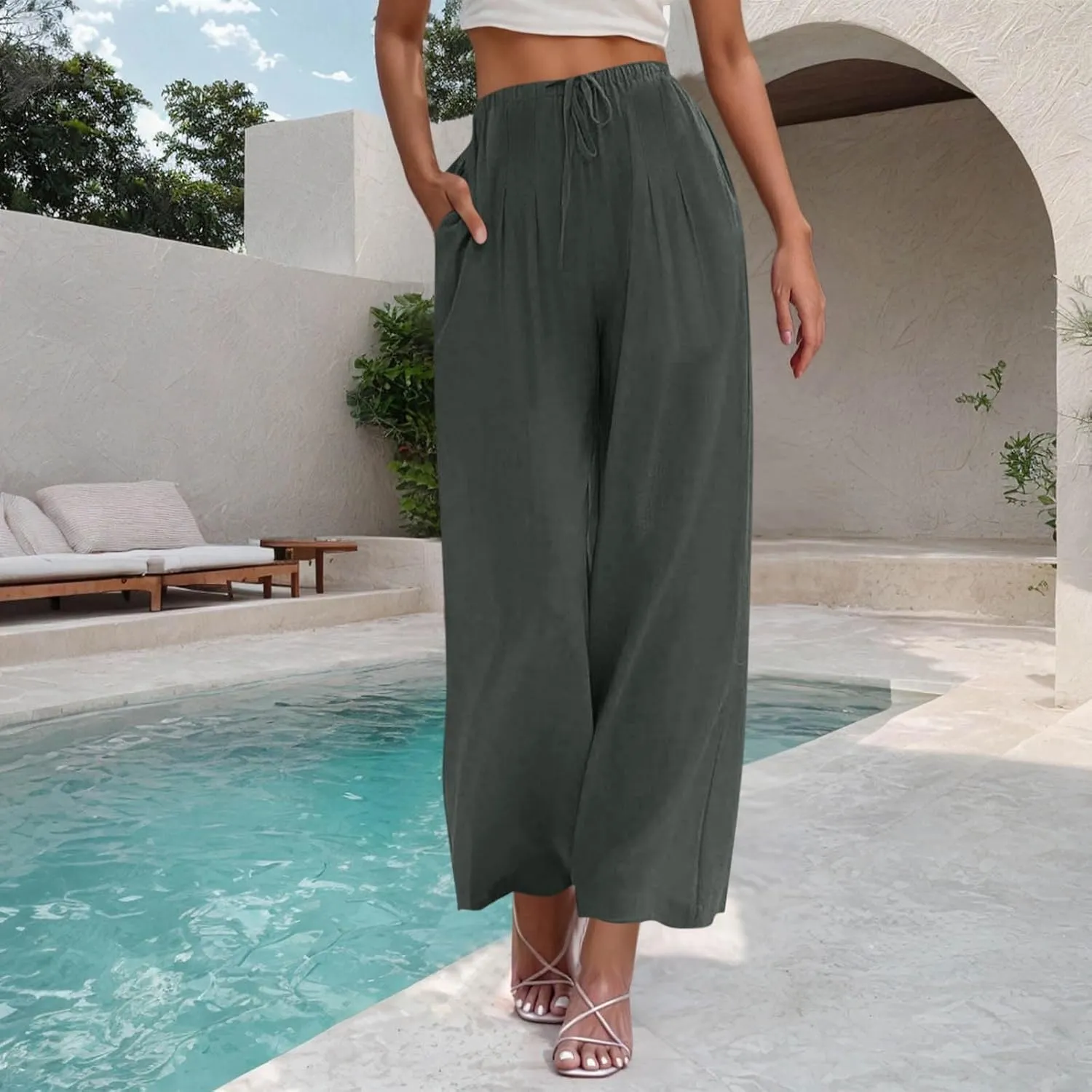 Women's Cotton Linen Summer Palazzo Pants Drawstring Elastic Waist Causal Flowy Wide Leg Beach Trousers with Pockets