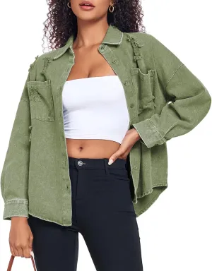 Womens Denim Jacket Oversized Button Down Jean Jacket Boyfriend Ripped Washed Jean Jackets Coat with Pockets