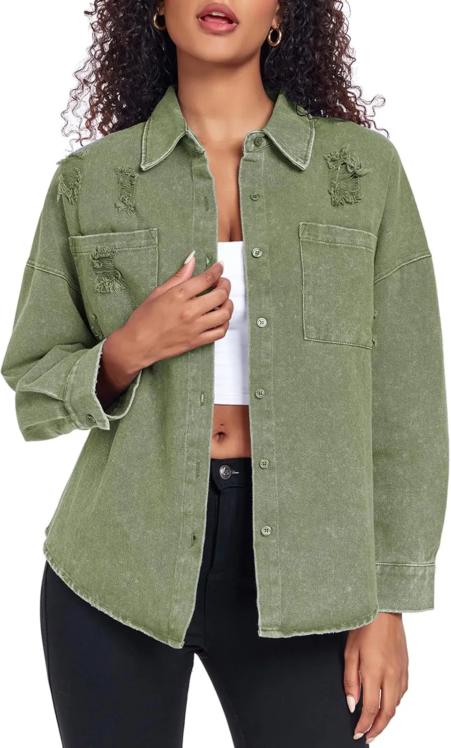 Womens Denim Jacket Oversized Button Down Jean Jacket Boyfriend Ripped Washed Jean Jackets Coat with Pockets