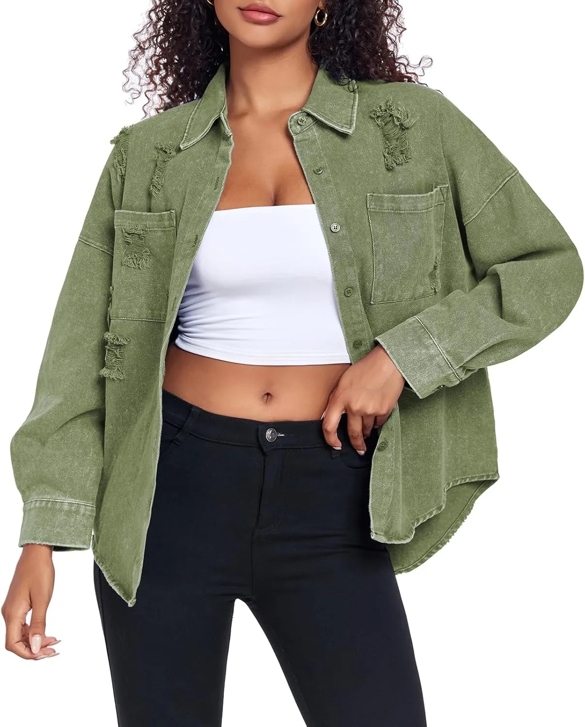 Womens Denim Jacket Oversized Button Down Jean Jacket Boyfriend Ripped Washed Jean Jackets Coat with Pockets