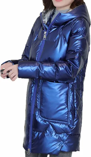 Women's Down Puffer Jacket Quilted Winter Coat Metallic Reflective Warm Long Puffer Jacket Thicken Parka Hooded