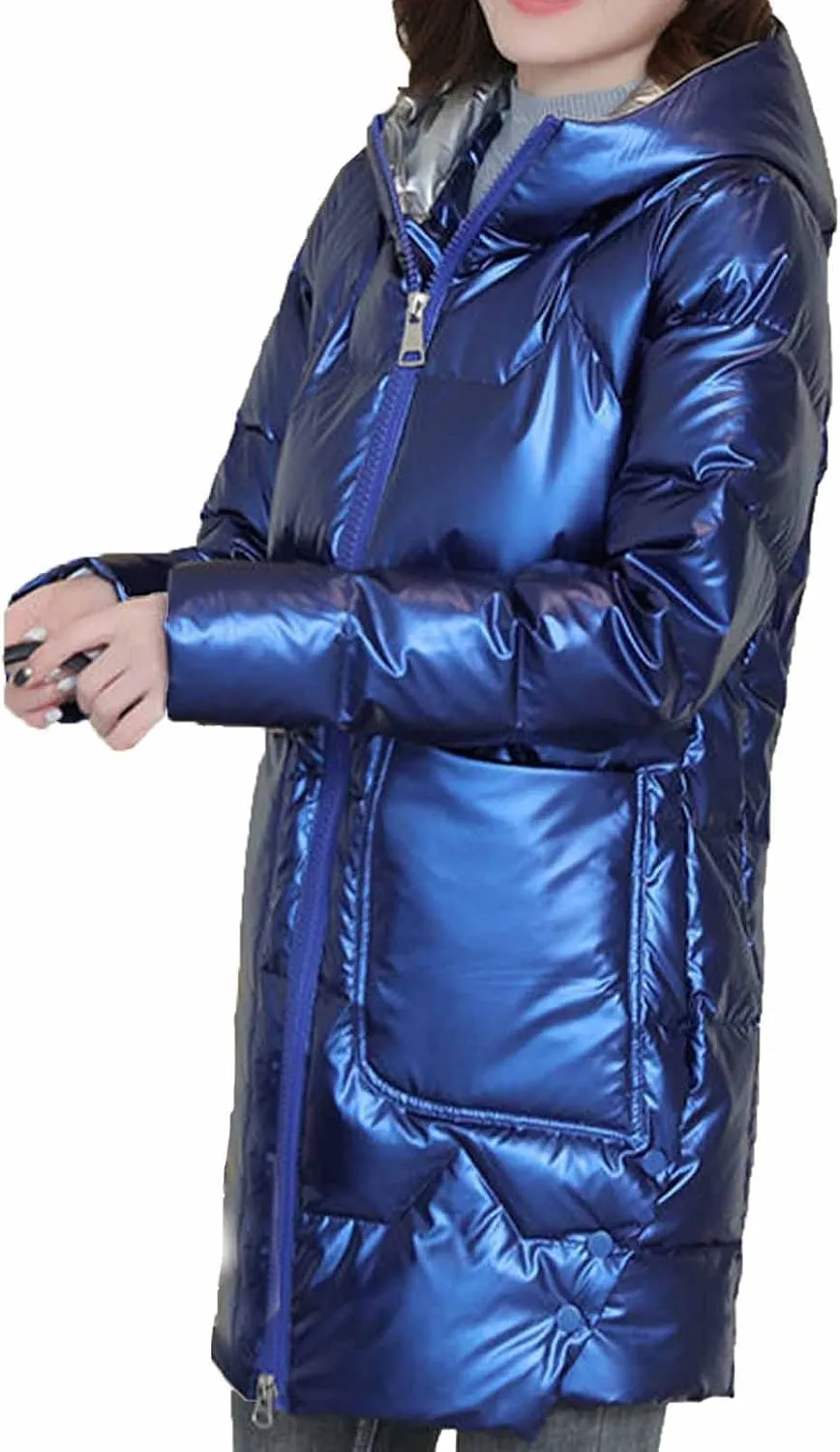 Women's Down Puffer Jacket Quilted Winter Coat Metallic Reflective Warm Long Puffer Jacket Thicken Parka Hooded
