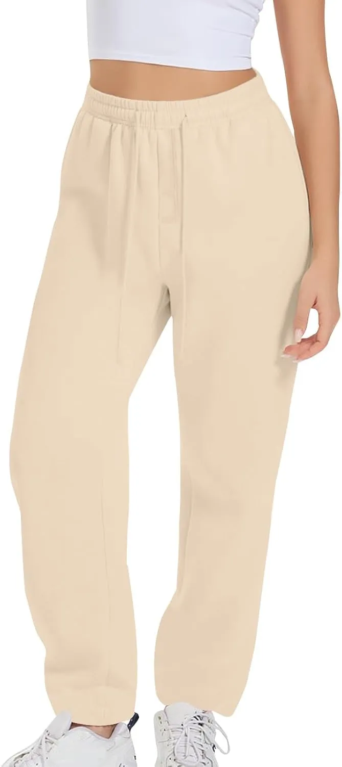 Women's Drawstring Elastic Waist Straight Leg Sweatpants Baggy High Waisted Lounge Sweat Pants Trousers with Pockets