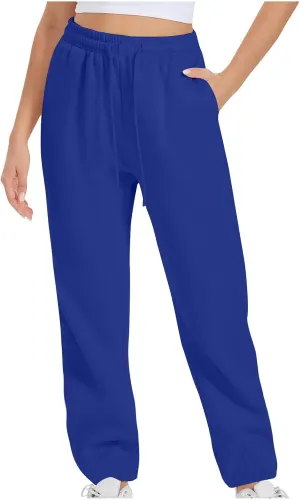 Women's Drawstring Elastic Waist Straight Leg Sweatpants Baggy High Waisted Lounge Sweat Pants Trousers with Pockets