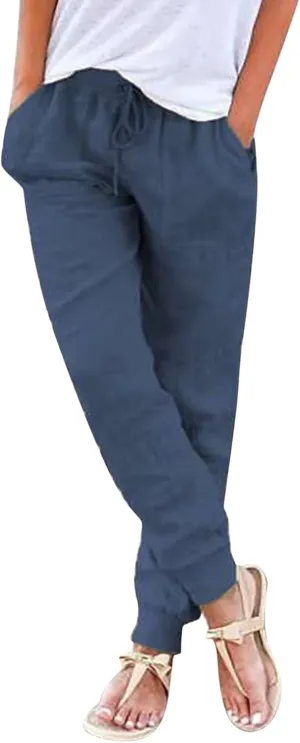 Womens Fashion Linen Pants Casual Straight Summer Drawstring Loose Lightweight Trousers with Pockets
