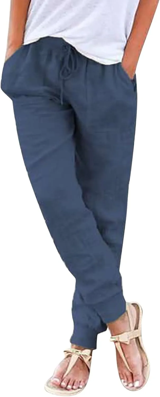 Womens Fashion Linen Pants Casual Straight Summer Drawstring Loose Lightweight Trousers with Pockets