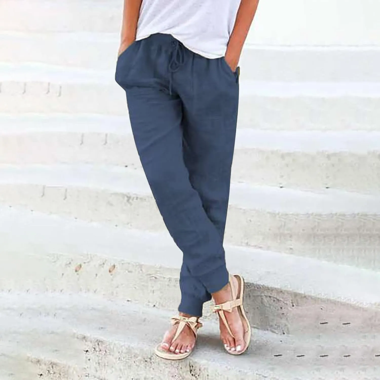 Womens Fashion Linen Pants Casual Straight Summer Drawstring Loose Lightweight Trousers with Pockets