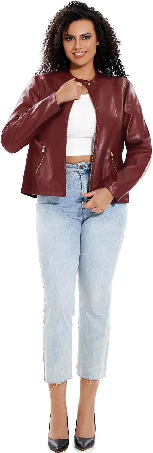 Women's Faux Leather Jacket Plus Size Motorcycle Biker Outwear Pu Zip Up Moto Coat