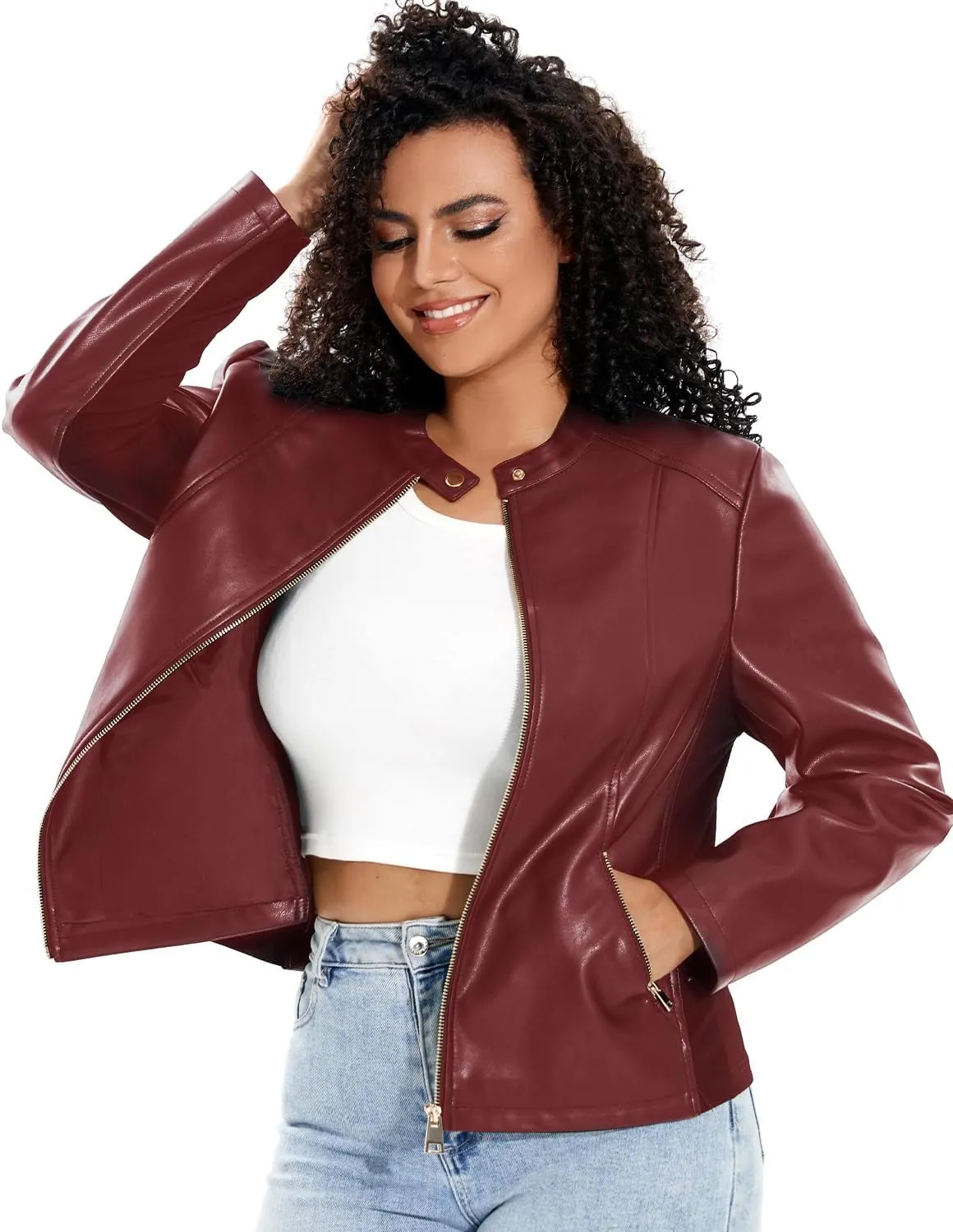 Women's Faux Leather Jacket Plus Size Motorcycle Biker Outwear Pu Zip Up Moto Coat