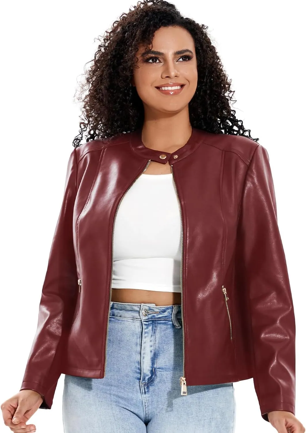 Women's Faux Leather Jacket Plus Size Motorcycle Biker Outwear Pu Zip Up Moto Coat
