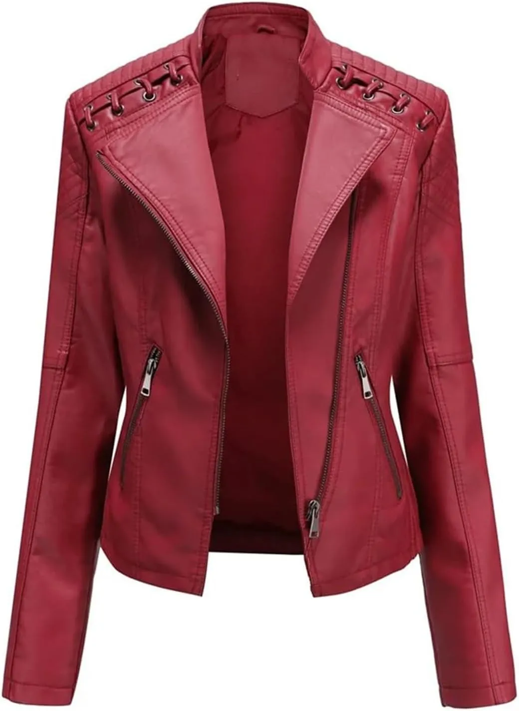 Women's Faux Leather Jackets, Zipper Lapel Neck Leather Jacket Biker coat jacketWith Stitching Coat