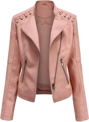 Women's Faux Leather Jackets, Zipper Lapel Neck Leather Jacket Biker coat jacketWith Stitching Coat