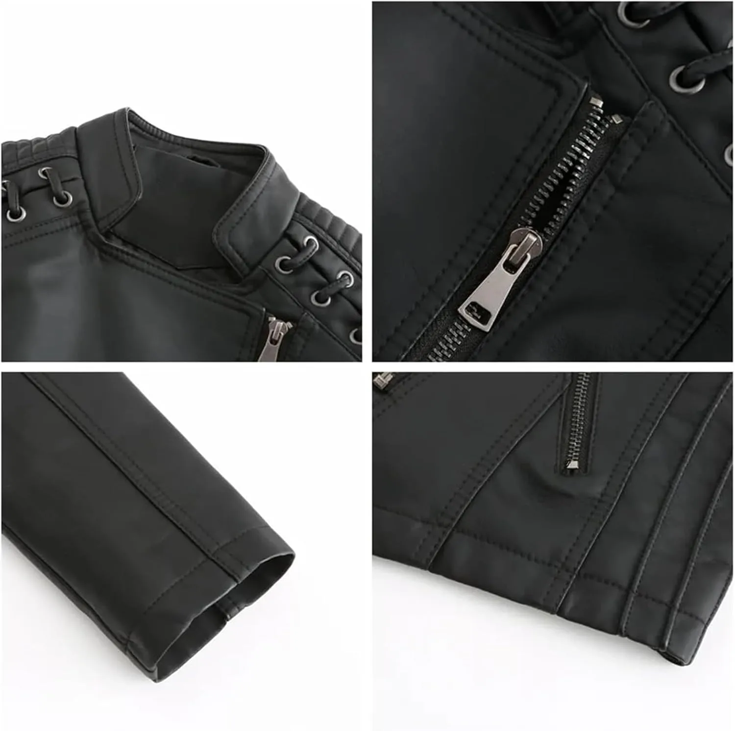 Women's Faux Leather Jackets, Zipper Lapel Neck Leather Jacket Biker coat jacketWith Stitching Coat