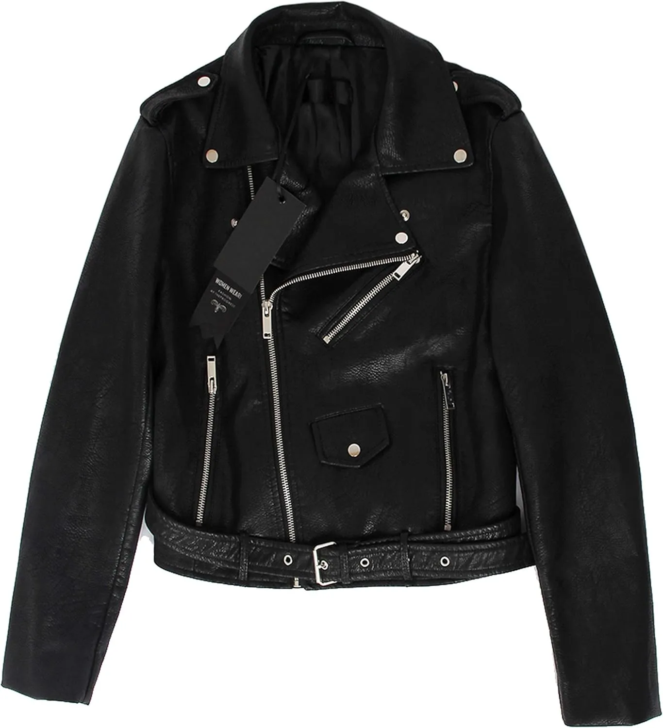 Women's Faux Leather Textured Short Moto Jacket Zip-up Slim PU Biker Coat with Pockets