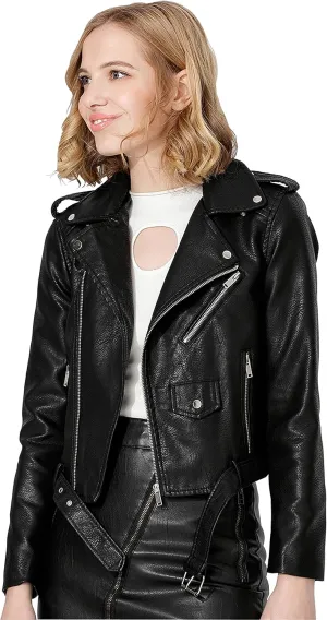 Women's Faux Leather Textured Short Moto Jacket Zip-up Slim PU Biker Coat with Pockets
