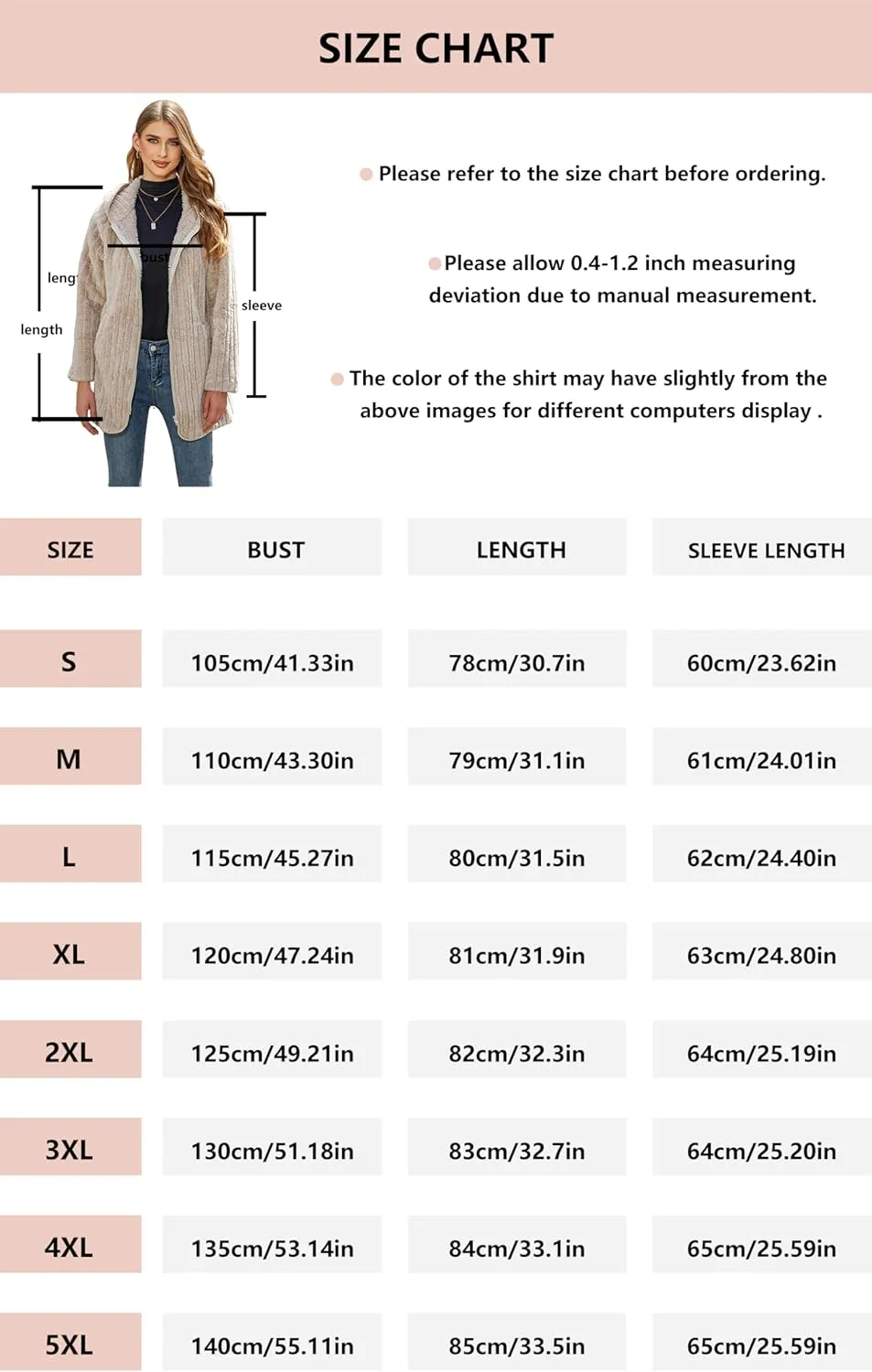 Womens Fleece Jacket Hooded Winter Warm Full Zip Long Sleeve Sherpa Jacket Coat Outerwear with Hood (S-5XL)