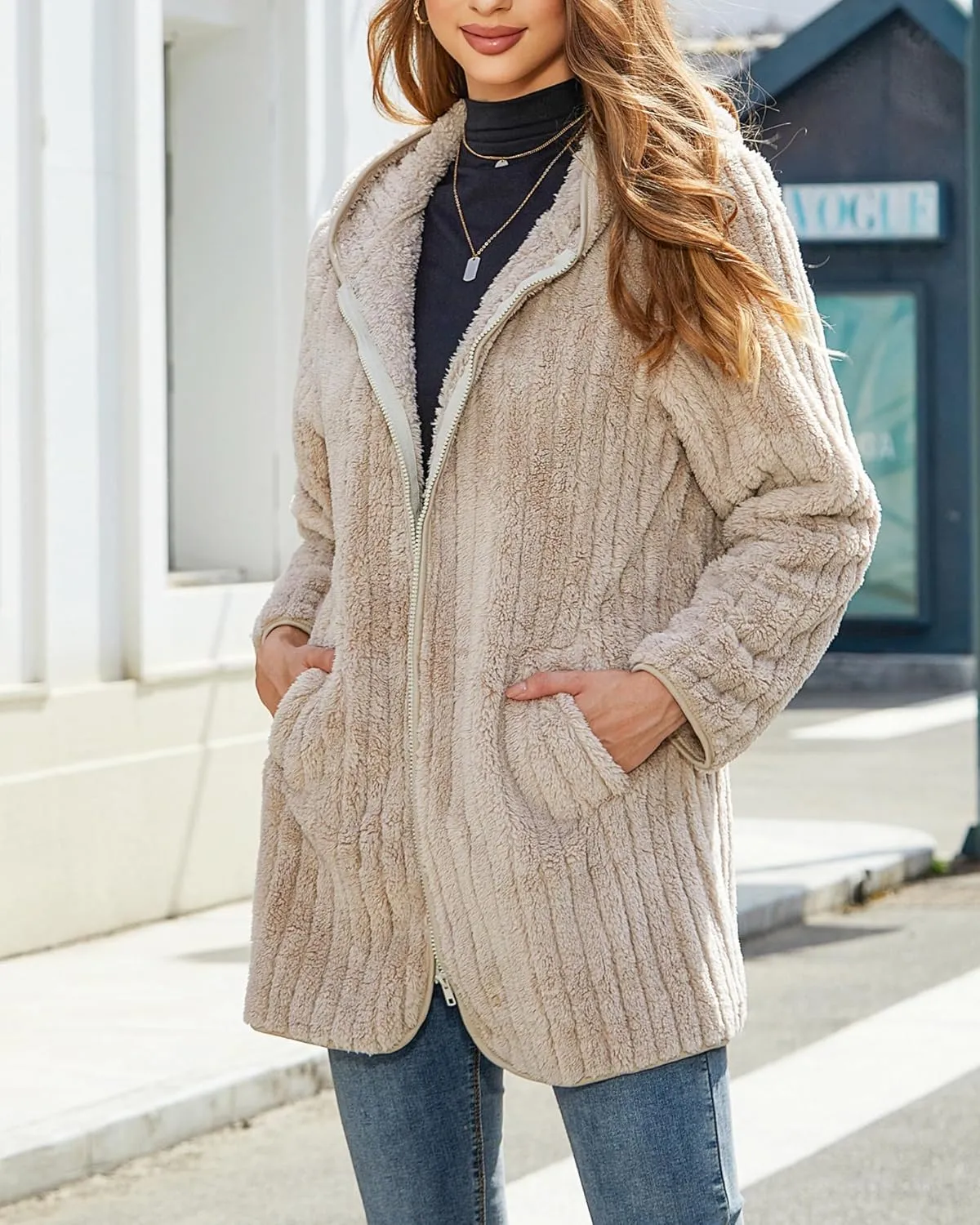 Womens Fleece Jacket Hooded Winter Warm Full Zip Long Sleeve Sherpa Jacket Coat Outerwear with Hood (S-5XL)
