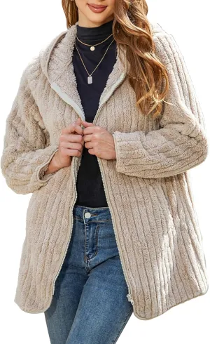 Womens Fleece Jacket Hooded Winter Warm Full Zip Long Sleeve Sherpa Jacket Coat Outerwear with Hood (S-5XL)