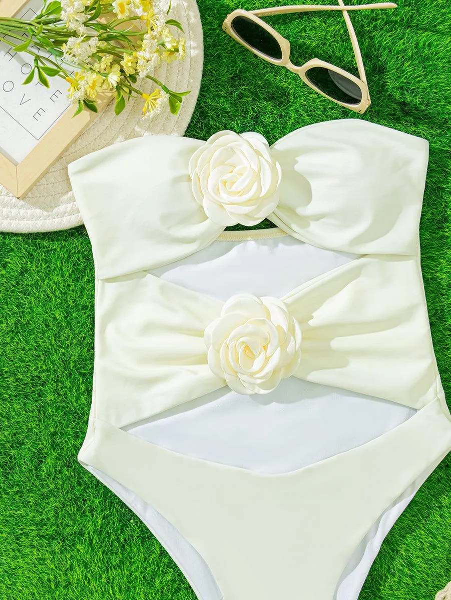 Women's Floral One Piece Swimsuit - 3D Flower Detail, Elegant Beachwear