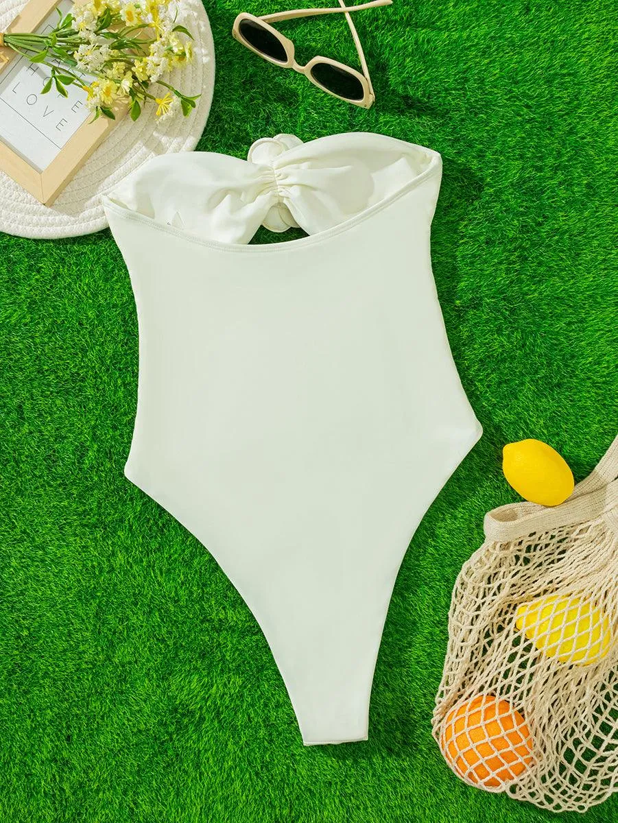 Women's Floral One Piece Swimsuit - 3D Flower Detail, Elegant Beachwear