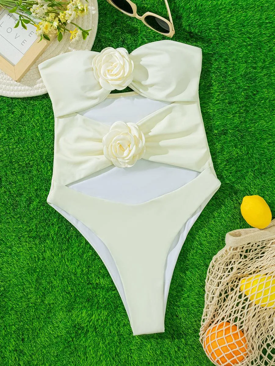 Women's Floral One Piece Swimsuit - 3D Flower Detail, Elegant Beachwear