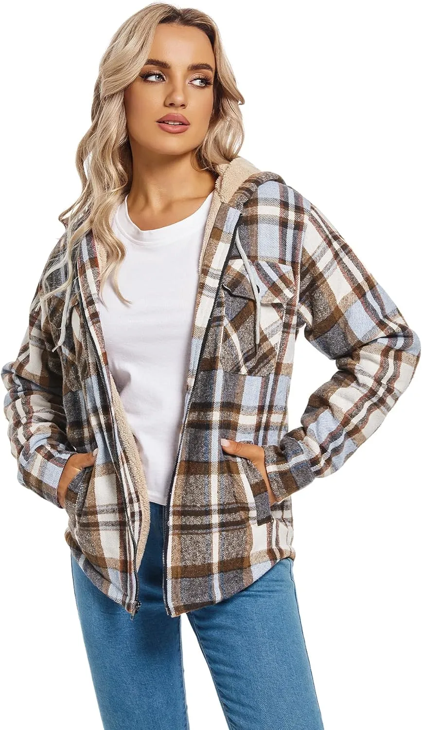 Women's Full Zip Fleece Flannel Jacket Plaid Sherpa Lined Jacket for Women