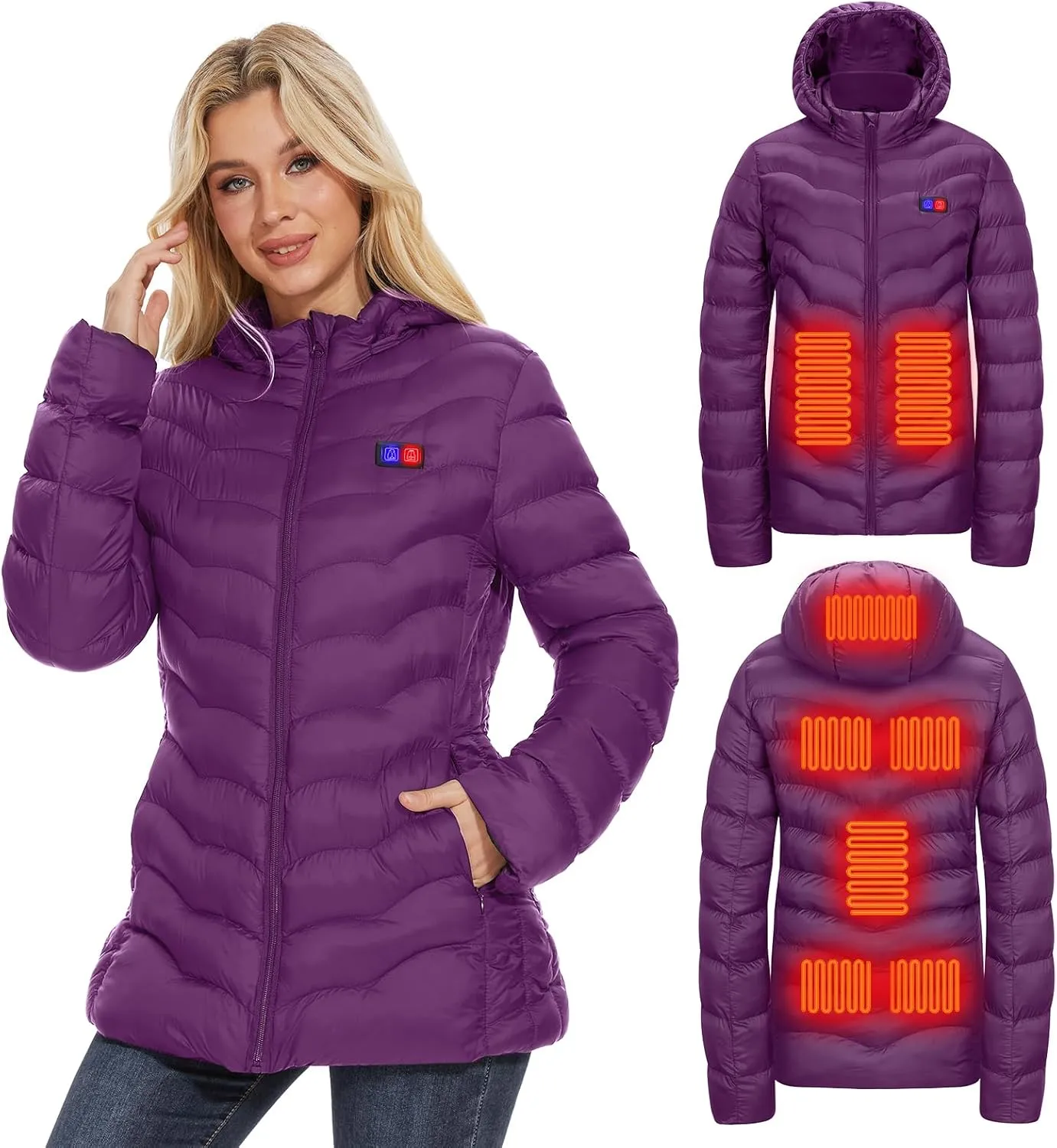 Womens Heated Jacket with 10000mAh Battery Pack, Dual Control Button Heated Coat