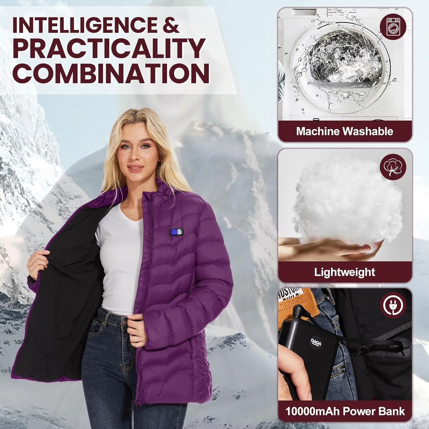 Womens Heated Jacket with 10000mAh Battery Pack, Dual Control Button Heated Coat