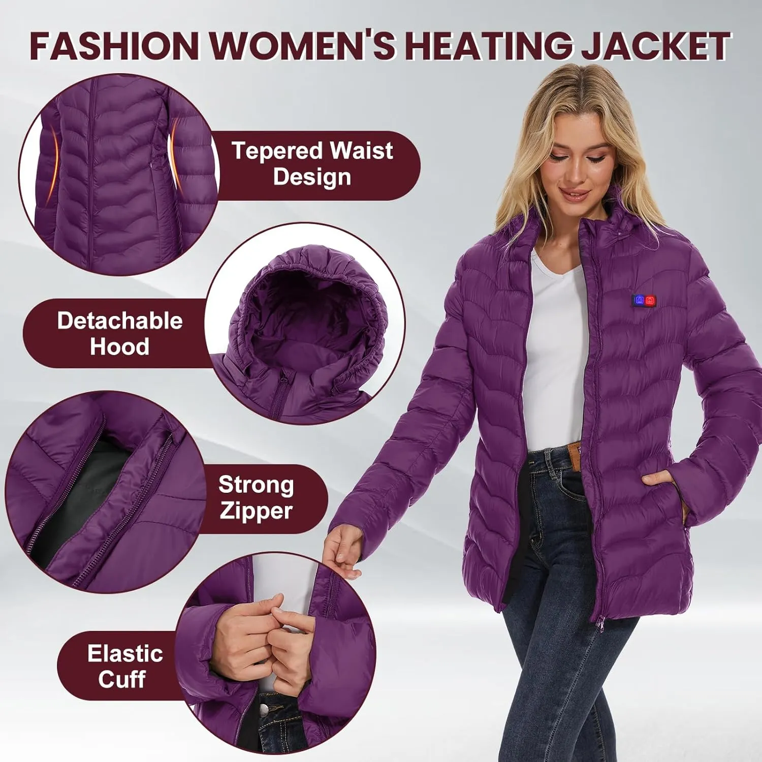 Womens Heated Jacket with 10000mAh Battery Pack, Dual Control Button Heated Coat