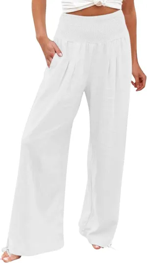 Womens High Waist Pockets Elastic Waist Solid Loose Pants Casual Long Trousers (White, L), Large