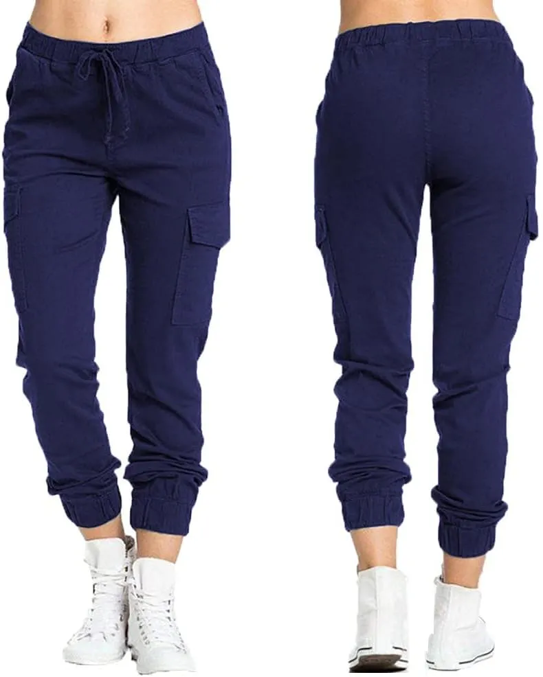 Womens High Waisted Cargo Pants Business Work Trousers Drawstring Elastic Waist Tapered Pants Available in Plus Size
