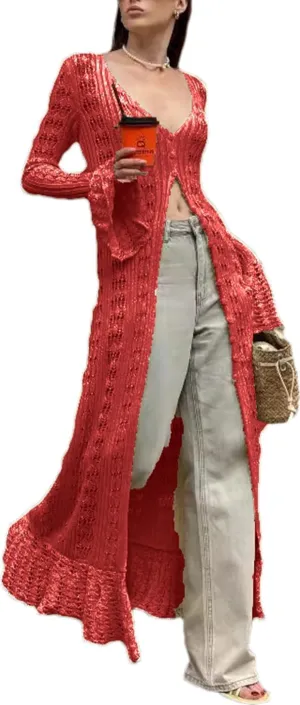 Women's Hollow Out Knit Cardigans Flared Sleeve Casual Knitted Dress Long Sleeve Cardigan Kimono for Women Dress
